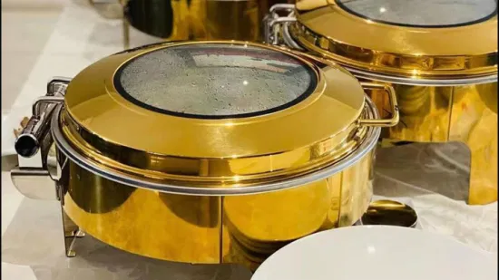 Caffetteria di lusso in ottone dorato Chaffer Dish Scaldavivande in acciaio inossidabile Stock Coperchio in vetro Piatti Chaffin Buffet Catering Scaldino Display Attrezzature per catering in vendita